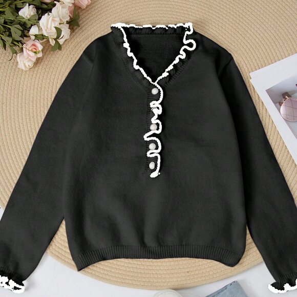Black Casual Women's V-Neck Pearl Button Sweater Pullover - Picture 2 of 4
